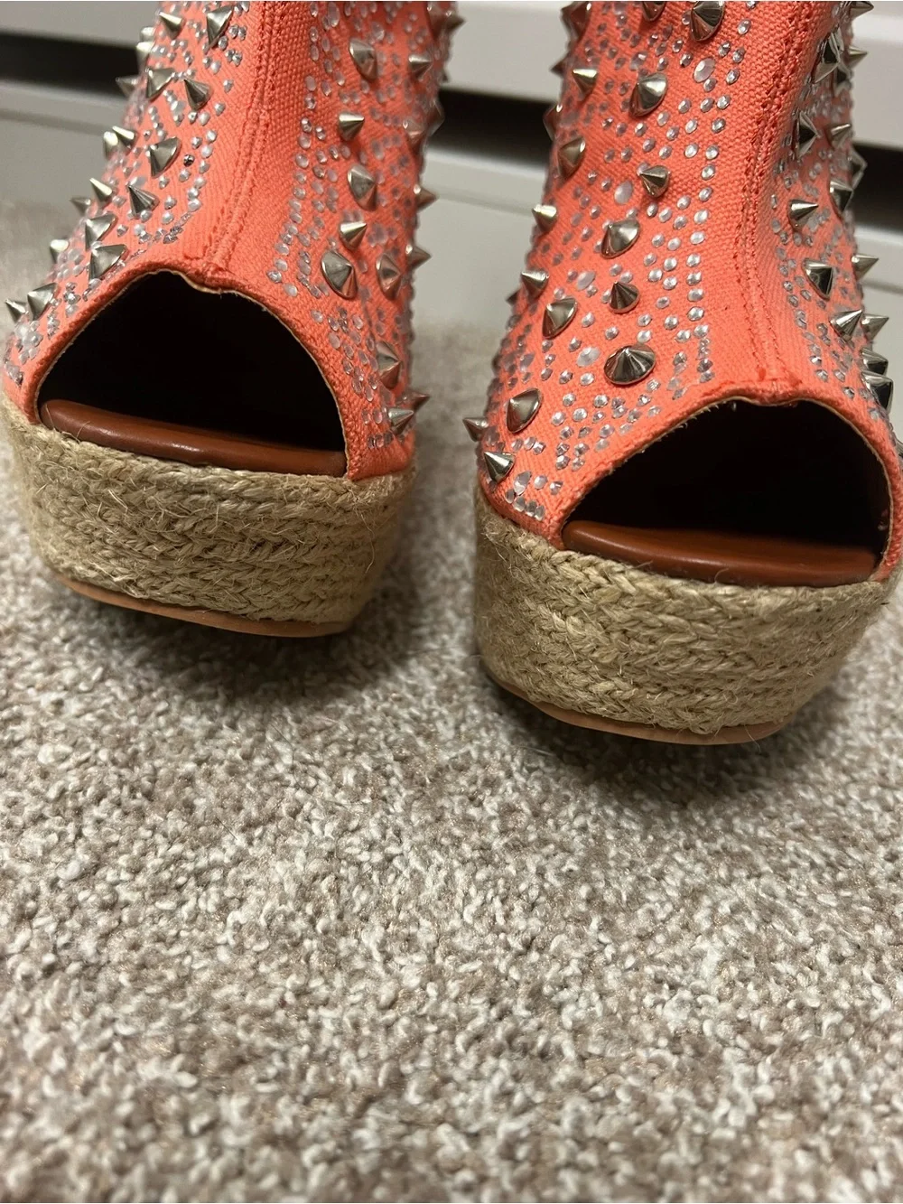 Orange Studded Peep-Toe Wedge Booties